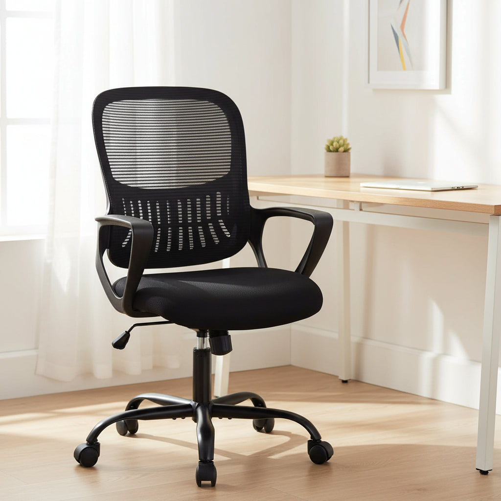 Ergonomic drafting chair with adjustable footrest and lumbar support in black and gray colors