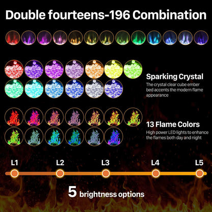 CozyFlame Electric Fireplace Insert with 13 flame colors, sparkling crystal ember bed, and 5 brightness levels for customizable ambiance