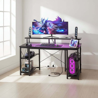 LED gaming desk 48-inch white with power outlets and headphone hook