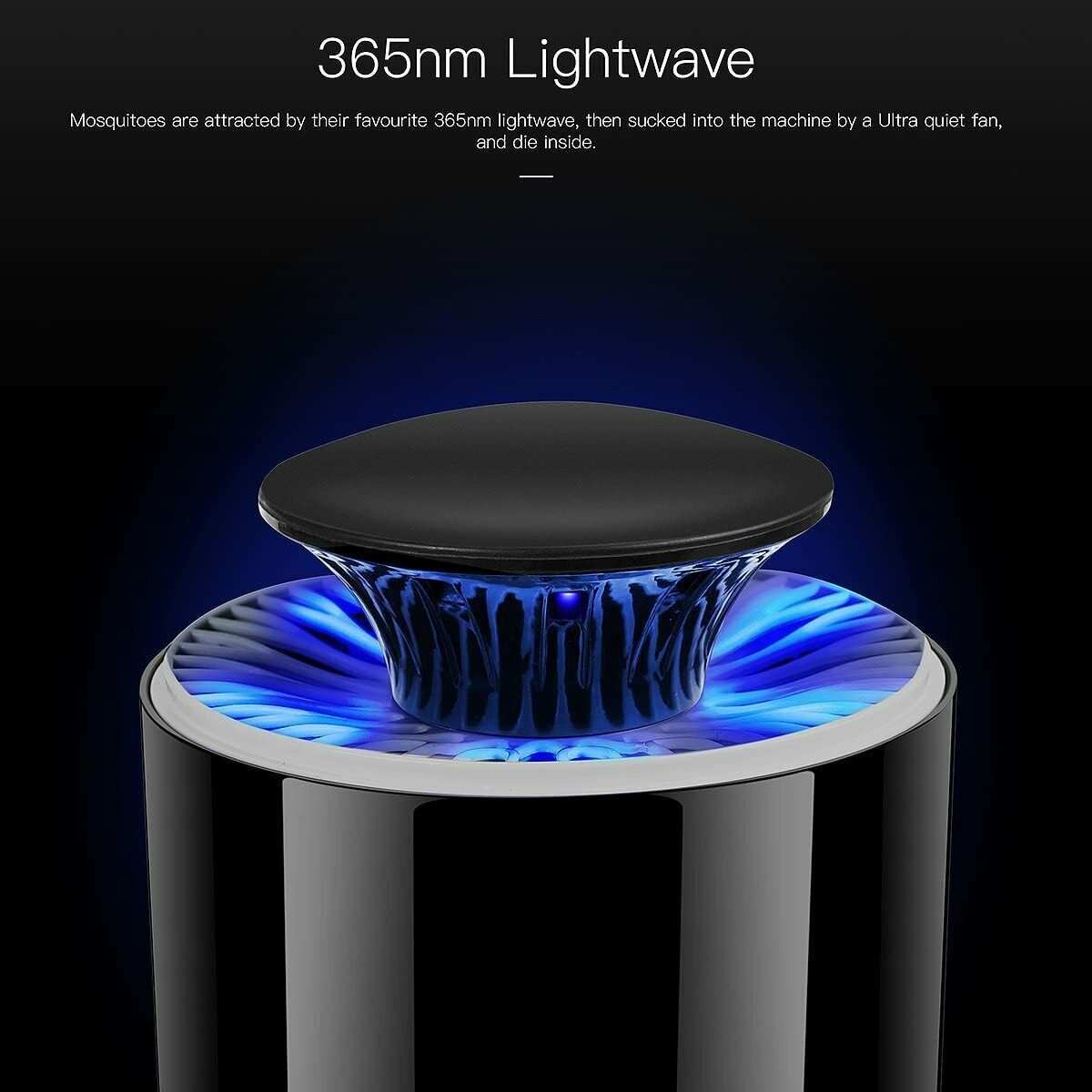 Black USB mosquito zapper lamp with 365nm UV lightwave and quiet fan for indoor and outdoor use