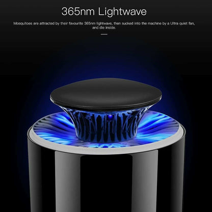 Black USB mosquito zapper lamp with 365nm UV lightwave and quiet fan for indoor and outdoor use