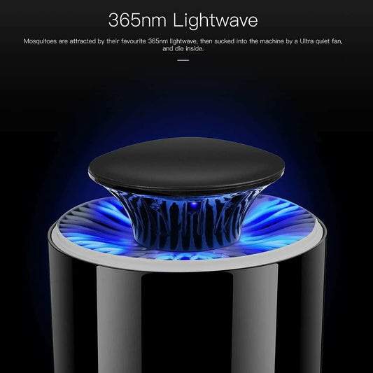 Black USB mosquito zapper lamp with 365nm UV lightwave and quiet fan for indoor and outdoor use