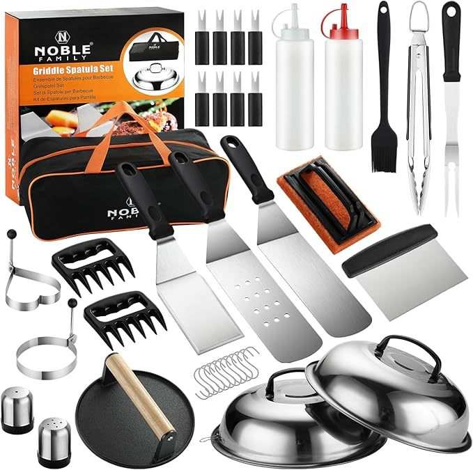 Ultimate Outdoor Grilling Set 35-piece stainless steel BBQ tool kit with spatulas, tongs, meat claws, burger press, spice shakers, and carry bag