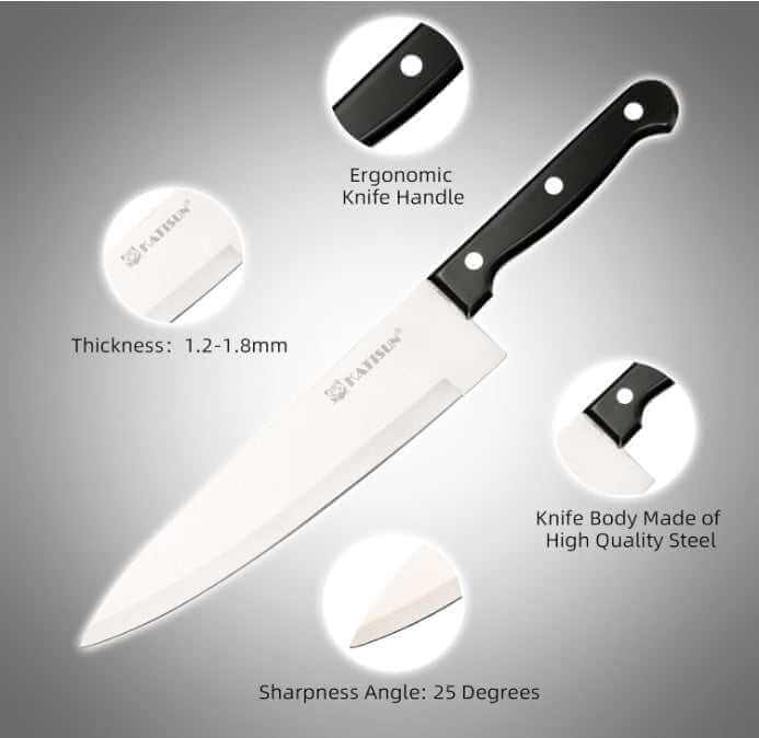 Ultimate German Steel Knife Set chef's knife with ergonomic handle and high-quality steel blade features sharpness angle of 25 degrees and 1.2-1.8mm thickness