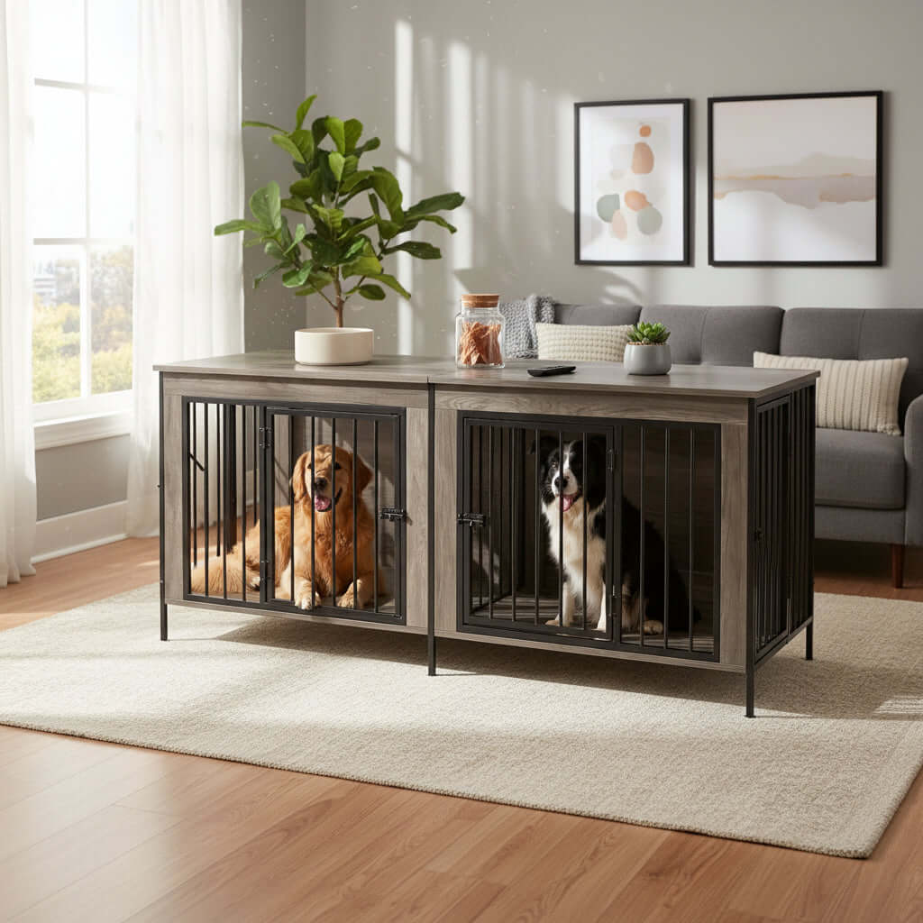 dog crate furniture rustic finish 63-inch TV stand top view