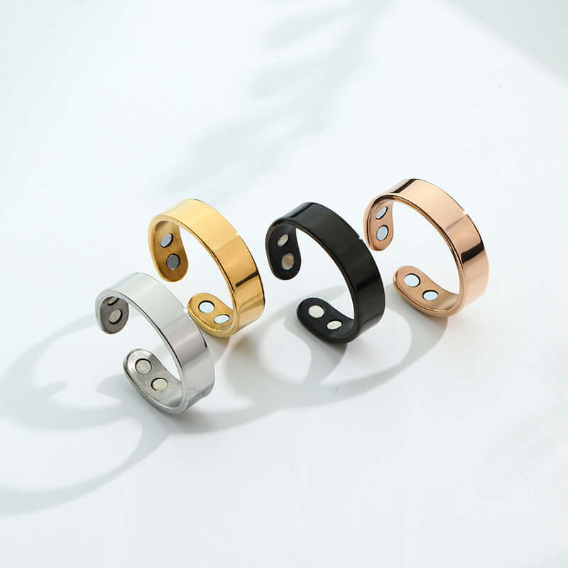 Magnetic Ring for Calm Nights in silver, gold, black, and rose gold colors displayed on a light background.