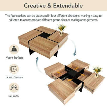 Smart storage coffee table with extendable sections and hidden compartments in wood finish