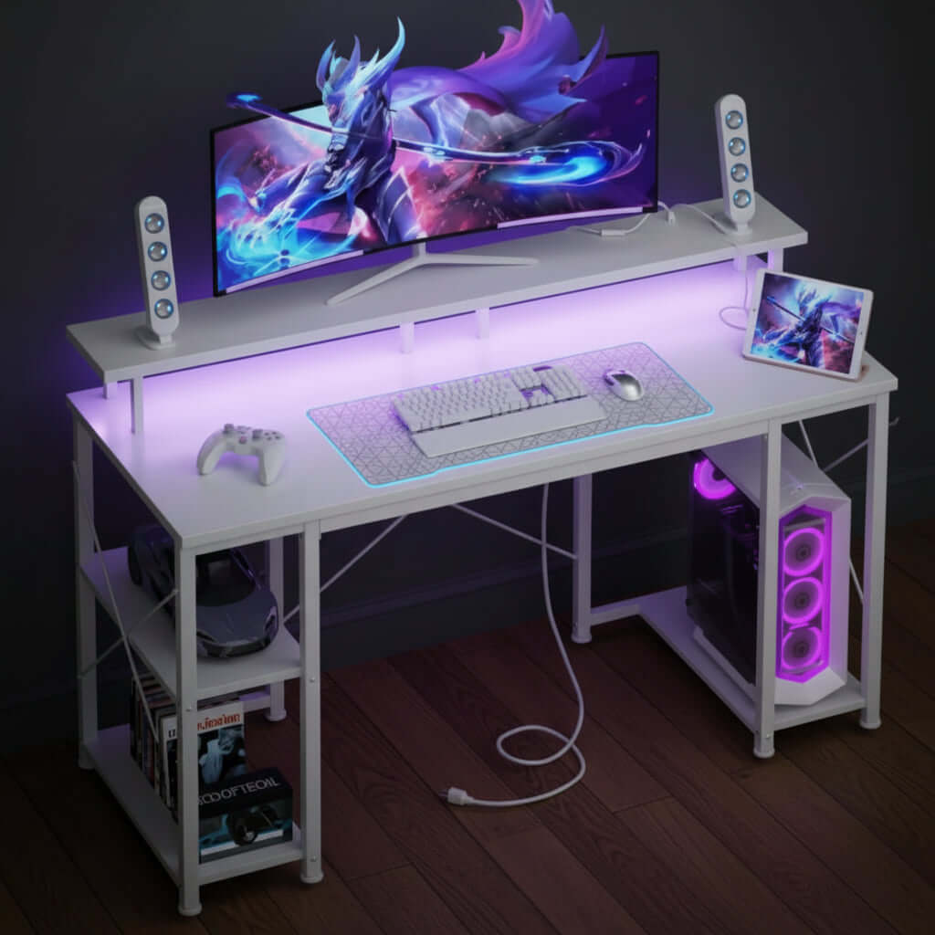 LED gaming desk 48-inch black with RGB lighting and monitor stand