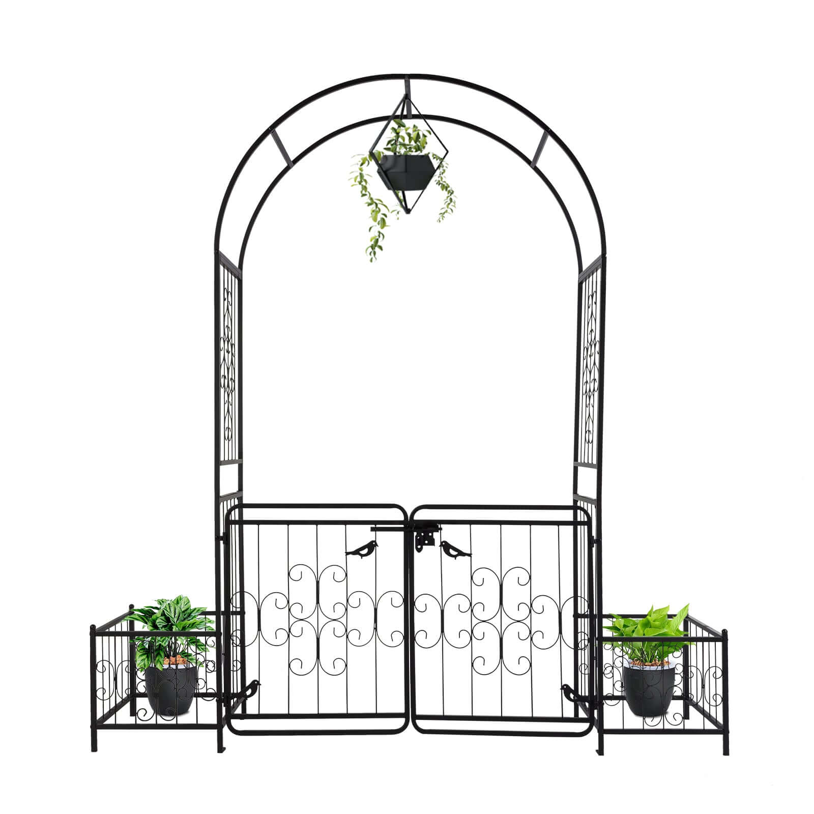 garden arch gate swinging open showing latch mechanism detail