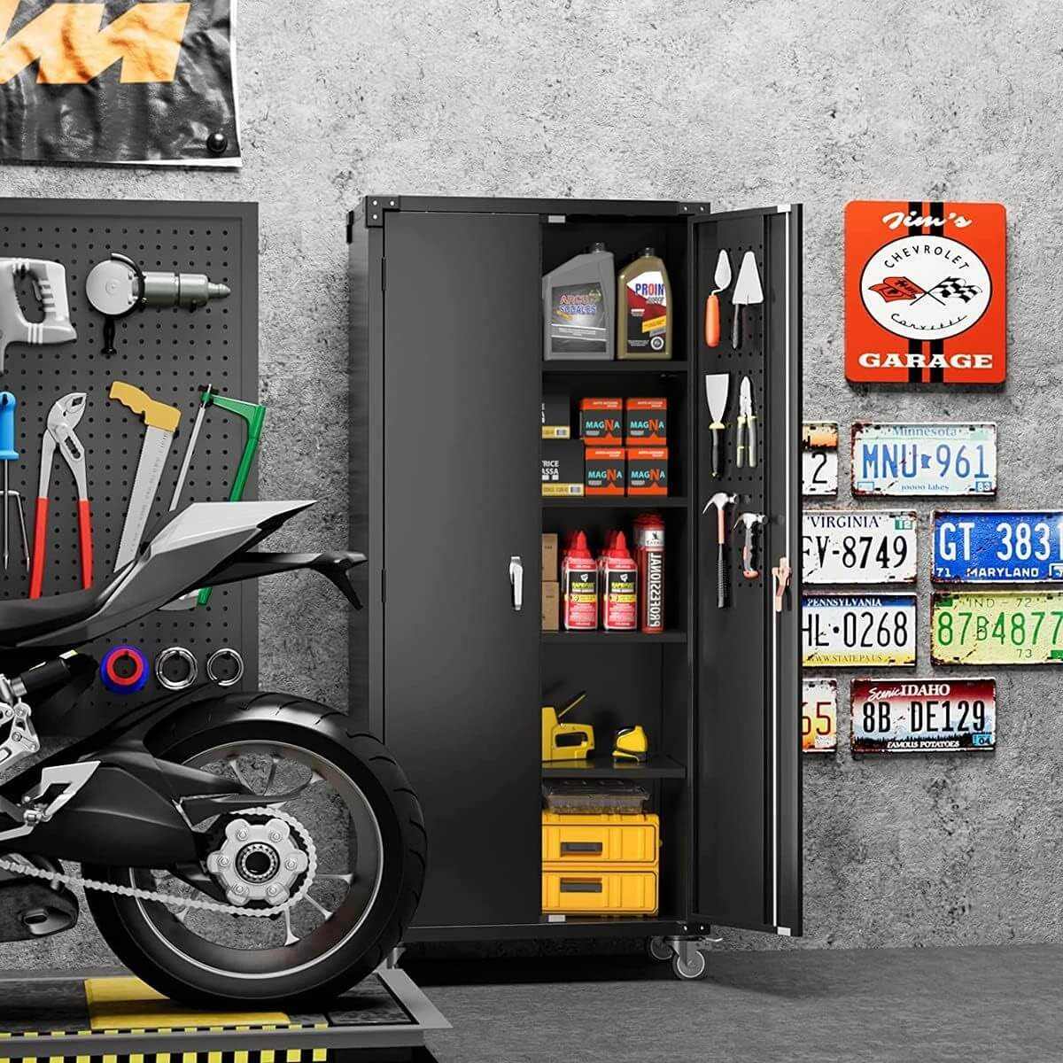 Black rolling garage organizer with lock, 4 adjustable shelves, and smooth wheels for tool and gear storage in a workshop setting