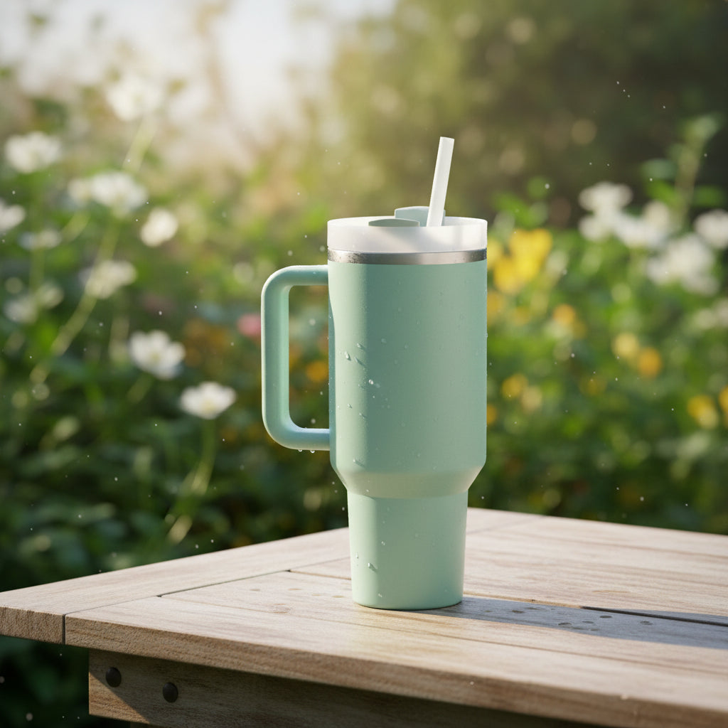  insulated modern tumbler 40 oz with handle and straw in pastel eucaliptus color