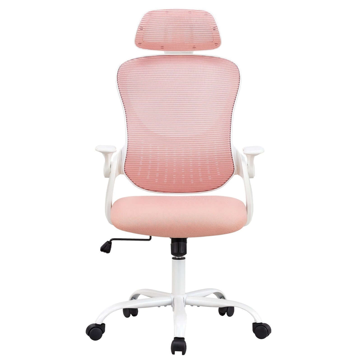 Black ergonomic office chair with mesh back, adjustable headrest, and flip-up arms for all-day comfort