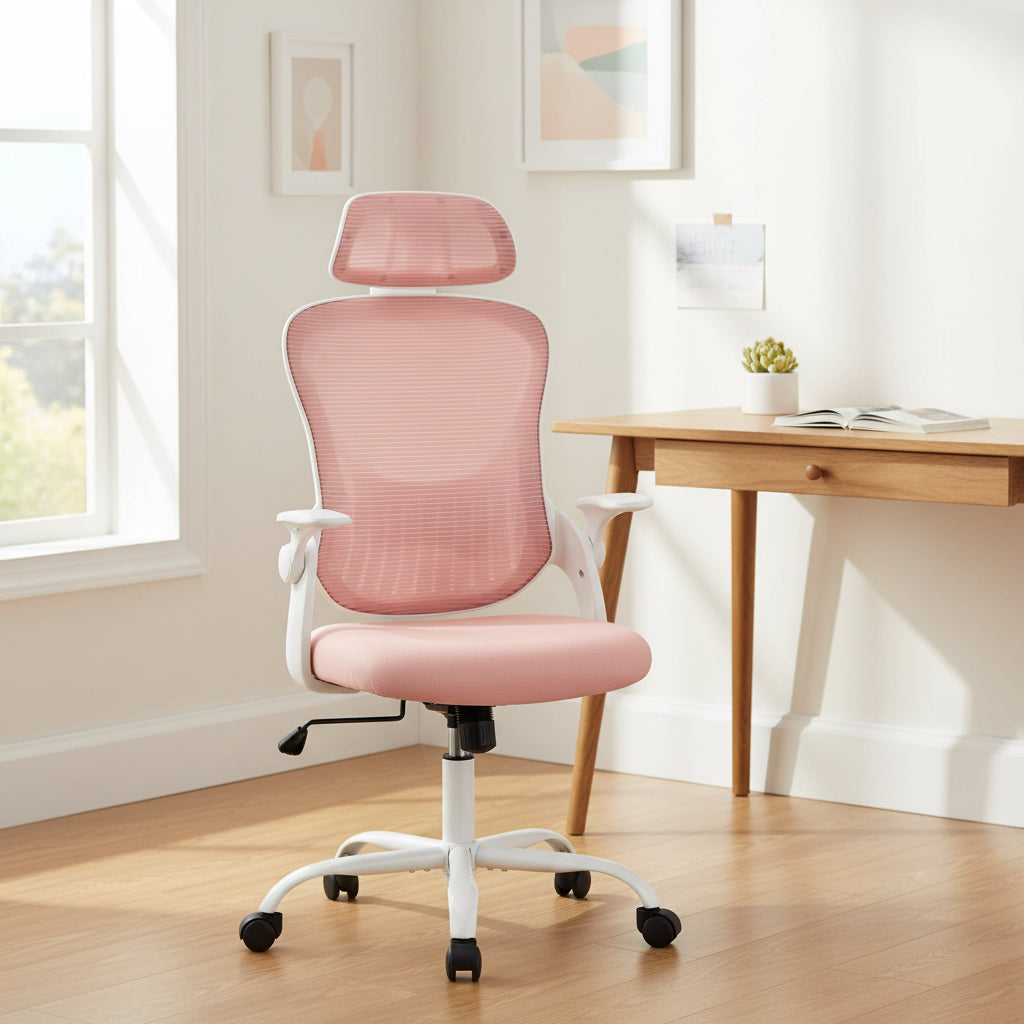 Black ergonomic office chair with mesh back, adjustable headrest, and flip-up arms for all-day comfort