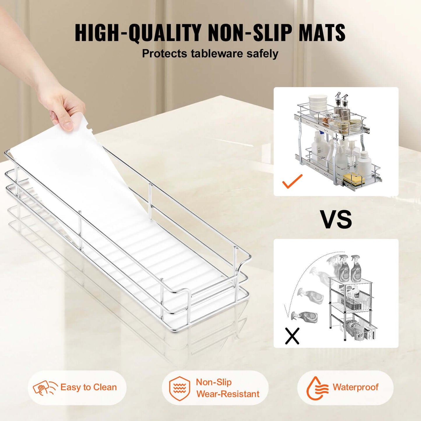 Pull Out Under Sink Organizer shown with non-slip mats, illustrating storage efficiency in kitchen or bathroom cabinets.
