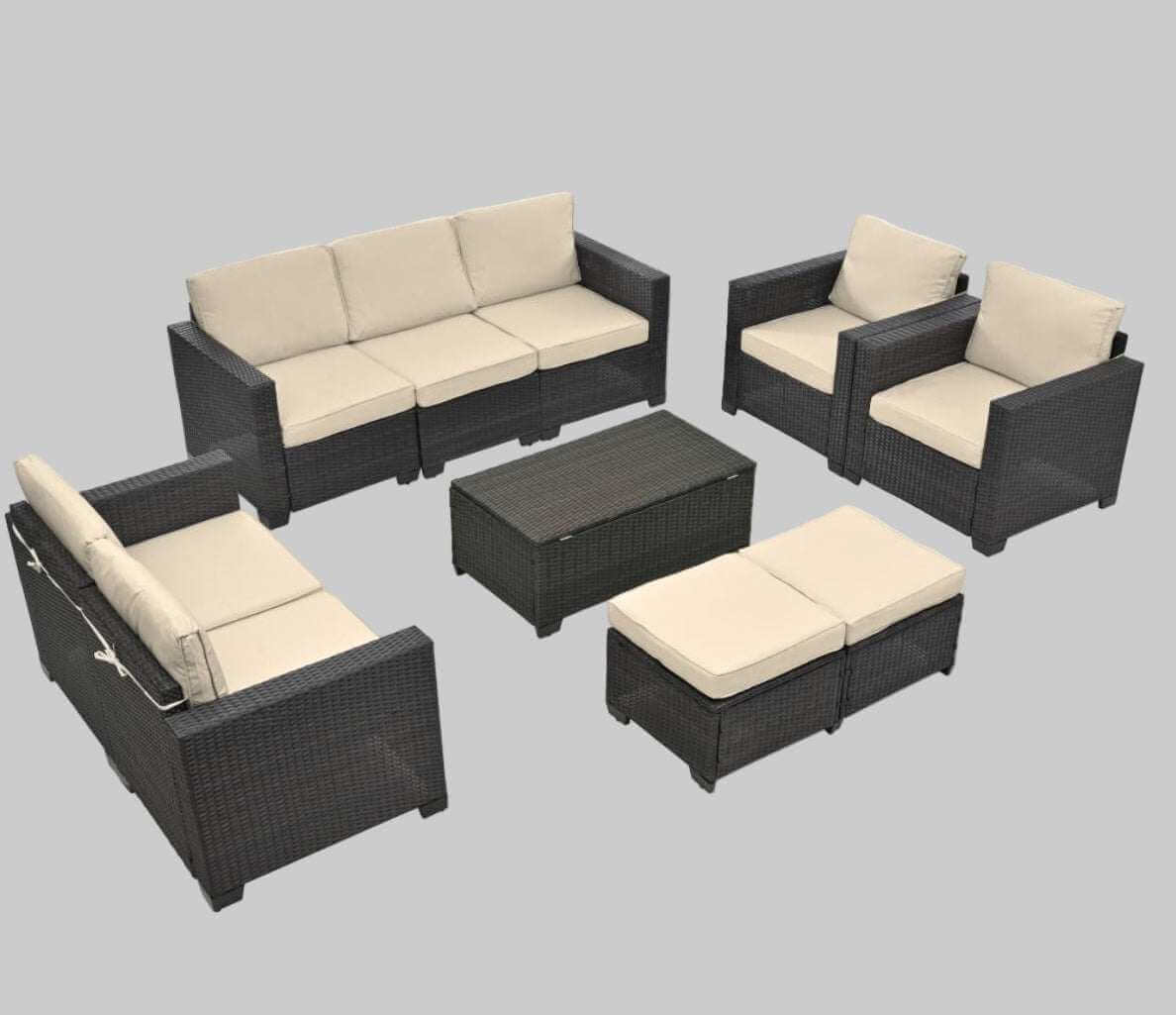 Cozy outdoor patio set 10 piece with modular rattan seating, beige cushions, coffee table, and ottomans
