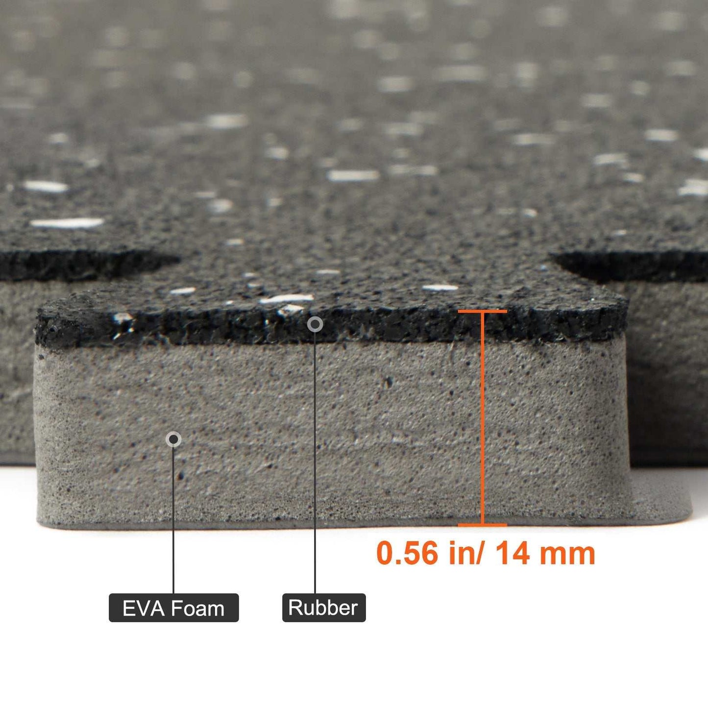Close-up of 1/2 inch thick interlocking gym floor mat made of EVA foam and rubber layers