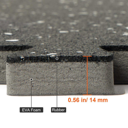 Close-up of 1/2 inch thick interlocking gym floor mat made of EVA foam and rubber layers