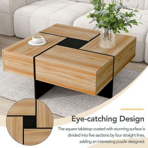 Square smart storage coffee table with puzzle-style sliding top and hidden compartments in a living room setting