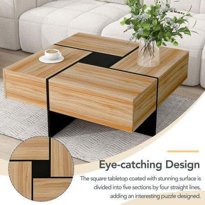 Square smart storage coffee table with puzzle-style sliding top and hidden compartments in a living room setting