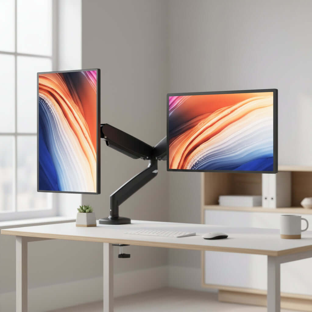 Dual Monitor Stand with gas spring arms, adjustable for monitors 13-32 inches, full motion with swivel and tilt.