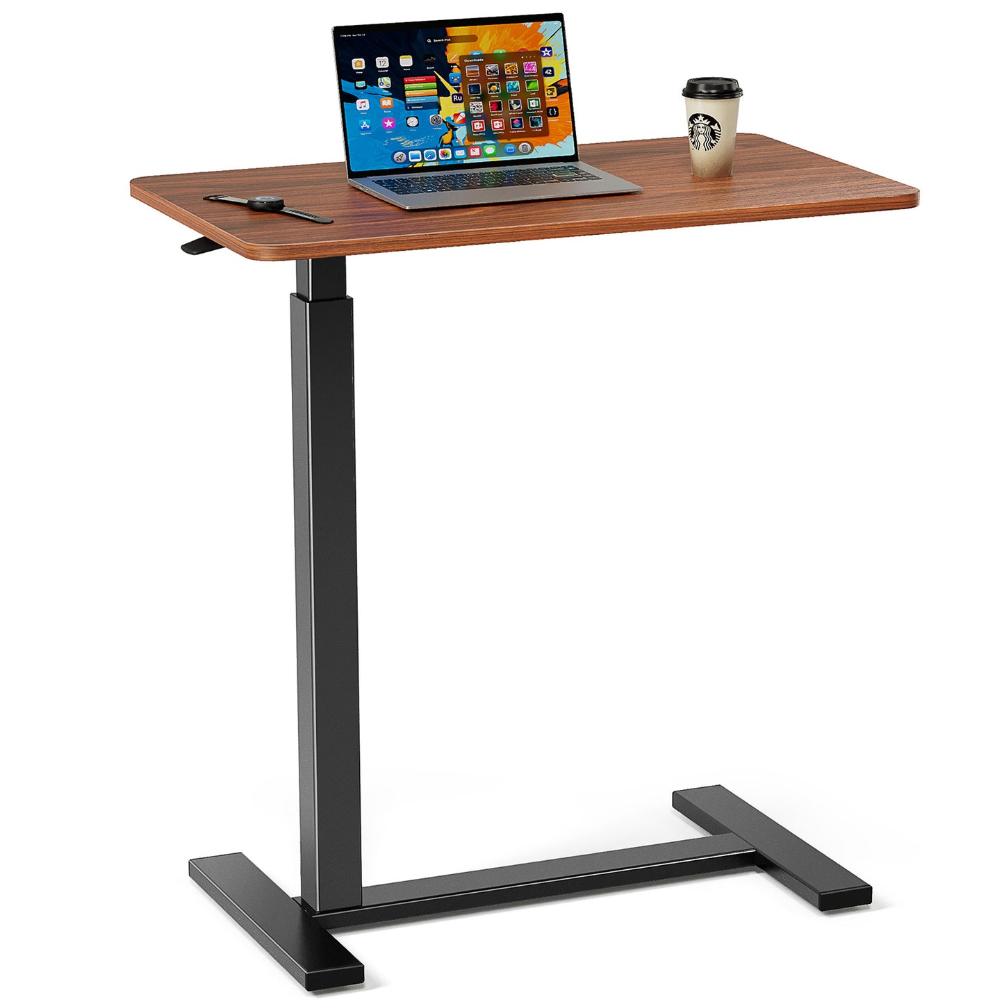 mobile laptop desk with adjustable height showing C-shaped base under sofa