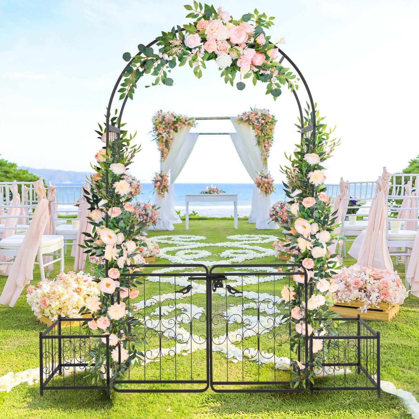 garden arch with gate and planter box full front view black iron
