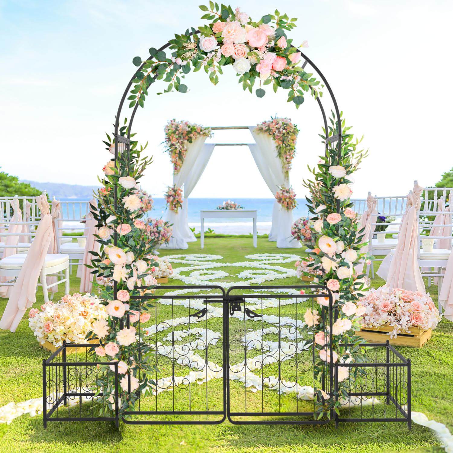 garden arch with gate and planter box full front view black iron