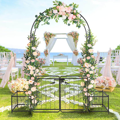 garden arch with gate and planter box full front view black iron
