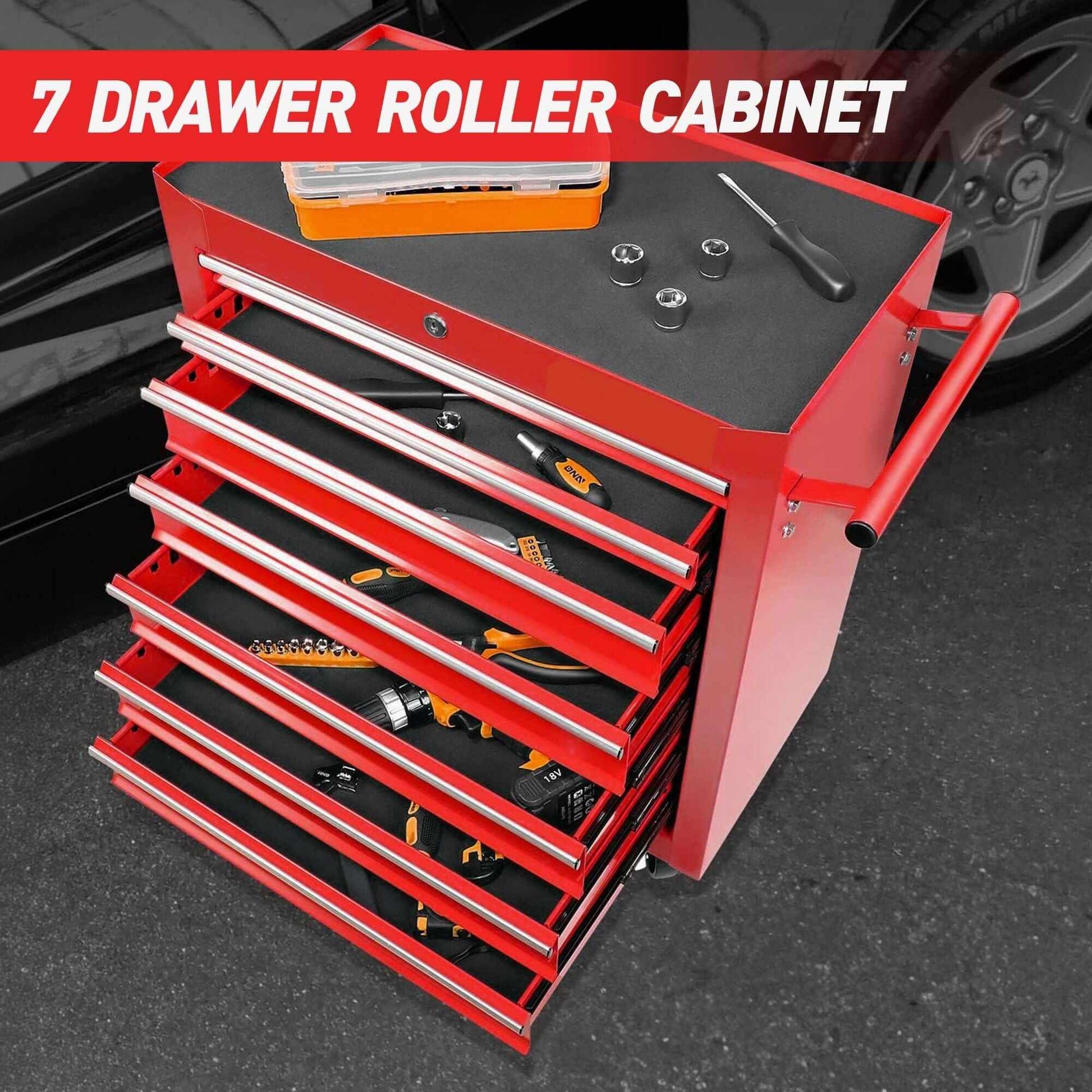 Red ultimate rolling tool chest with 7 drawers and heavy-duty wheels for organized tool storage and easy mobility.