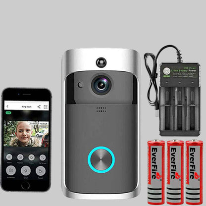 HomeGuard Smart Video Doorbell with HD camera, two-way audio, motion detection, night vision, and smartphone app control with battery charger and rechargeable batteries.