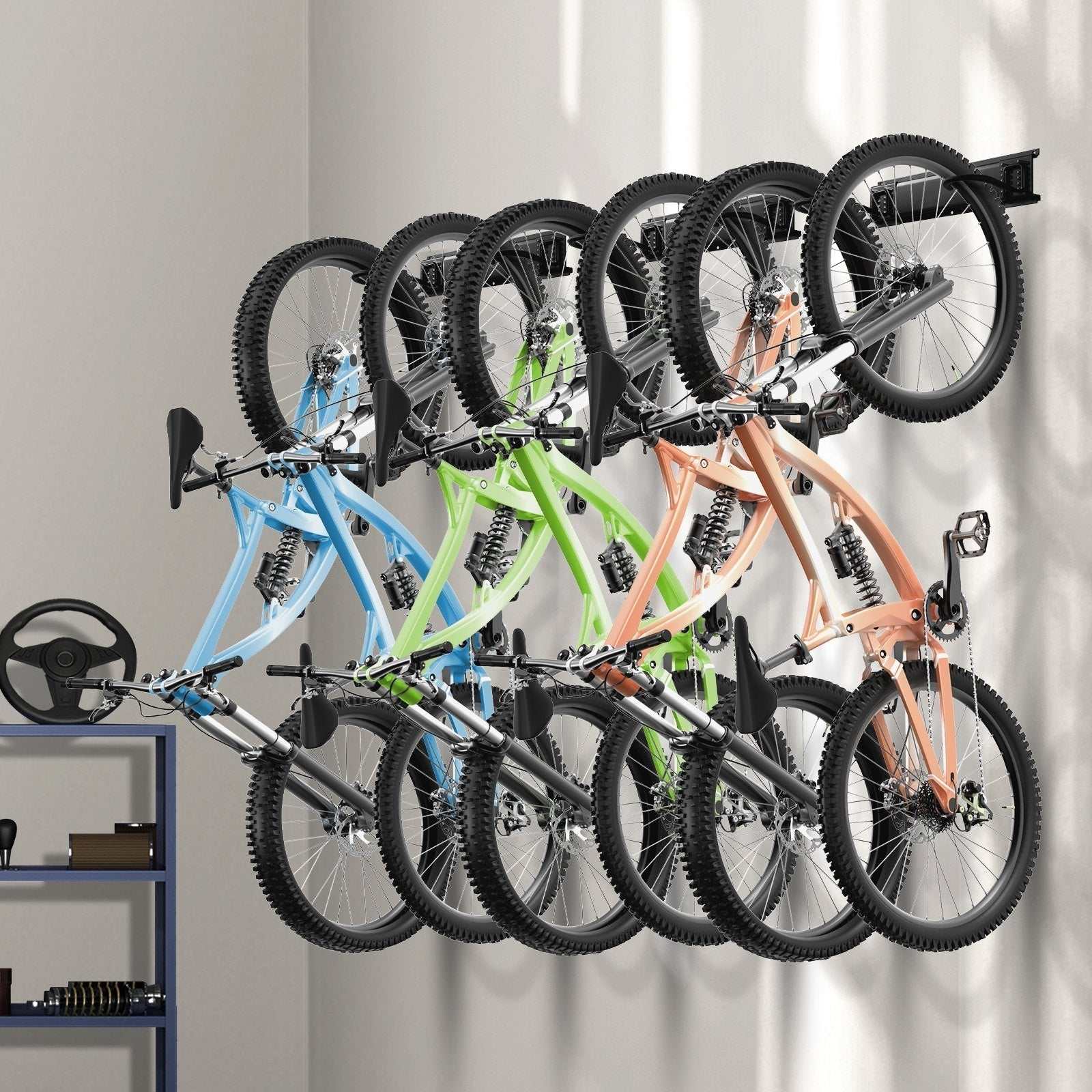Easy wall mount bike organizer holding six bikes vertically on a garage wall with metal racks and helmet hooks for space-saving storage