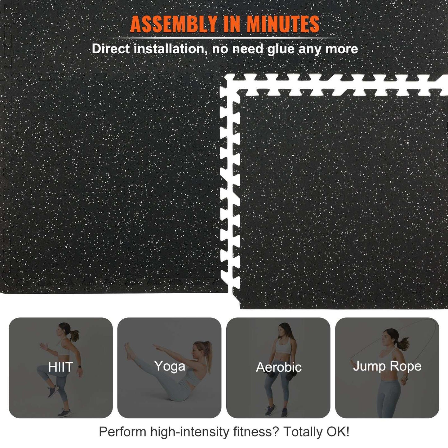 Black interlocking gym floor mats with speckled design for high-intensity workouts like HIIT, yoga, aerobic, and jump rope, waterproof and easy to install.