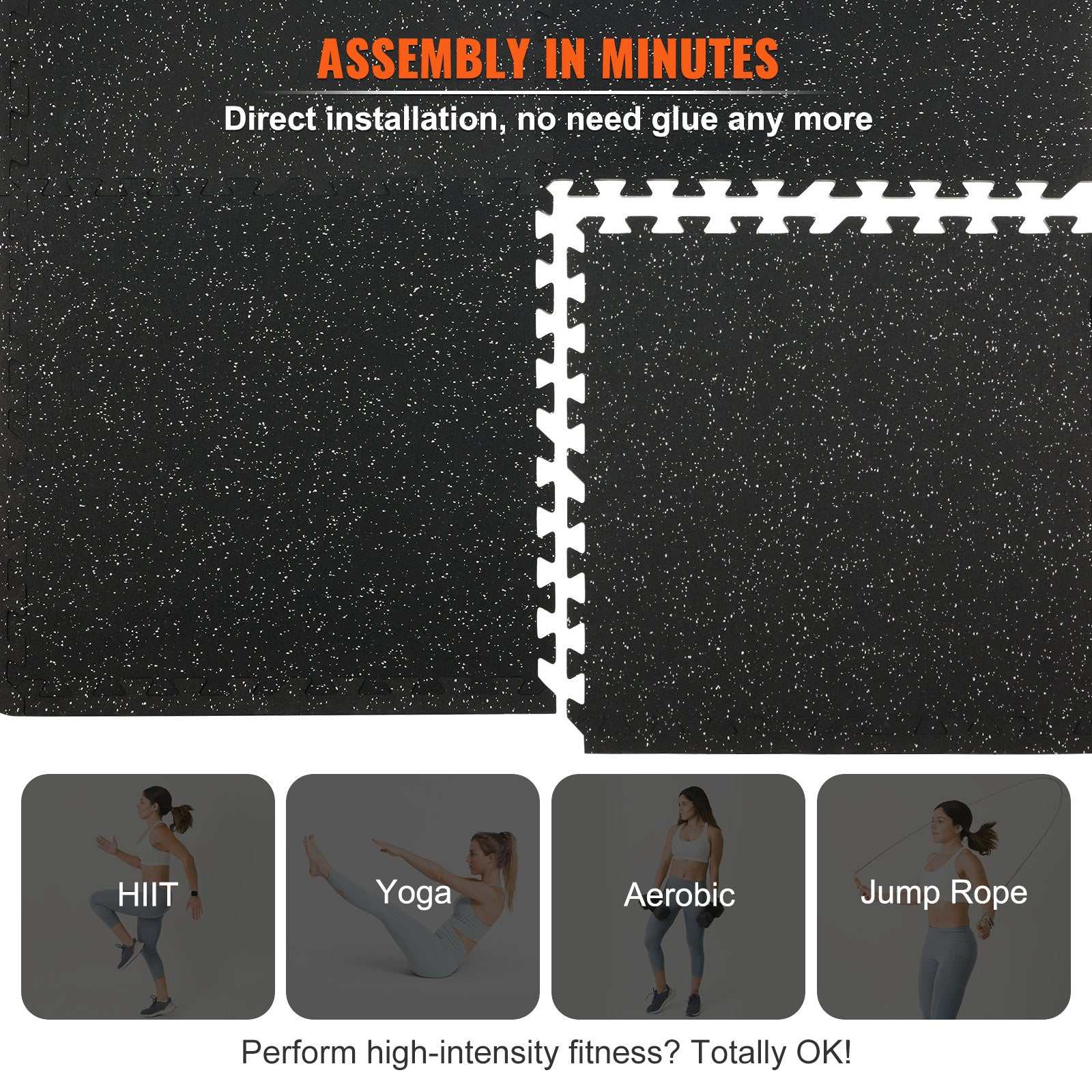 Black interlocking gym floor mats with speckled design for high-intensity workouts like HIIT, yoga, aerobic, and jump rope, waterproof and easy to install.