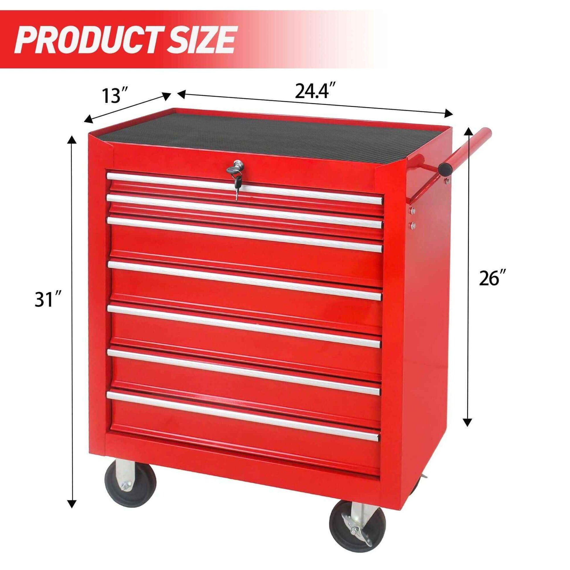 Red Ultimate Rolling Tool chest with 7 drawers and heavy-duty wheels for easy mobility and organized storage