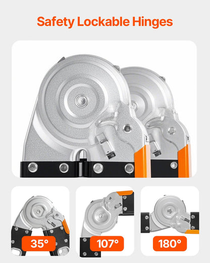 Close-up of safety lockable hinges for the heavy-duty folding ladder, showcasing different angle adjustments.