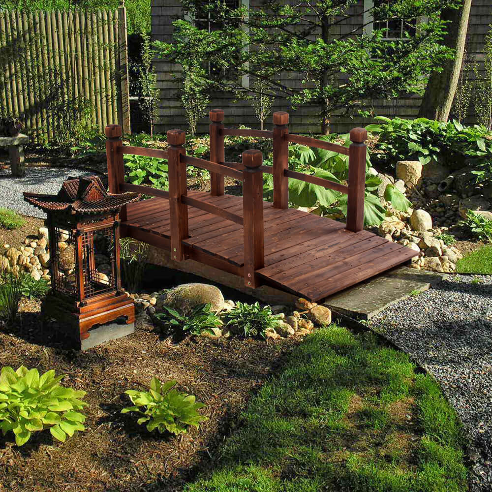 wooden garden bridge full view 59 inch span over garden stream