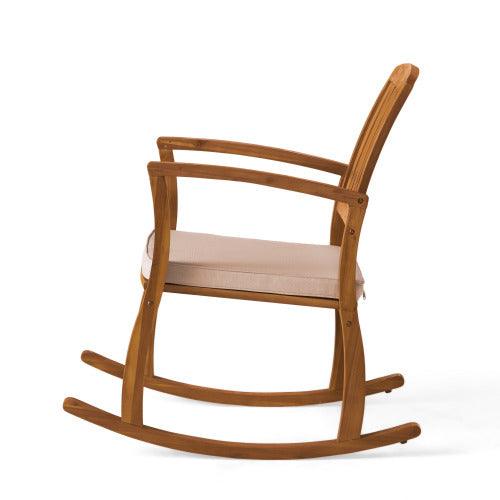 Rocking Comfort Chair Natural Oak made of acacia wood with cream cushion and slat-back design