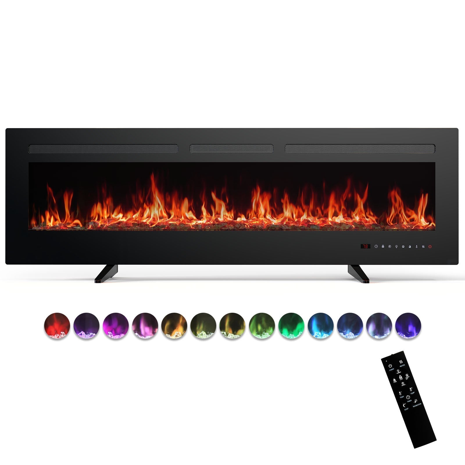 CozyFlame Electric Fireplace Insert with multicolor flame effects and remote control in sleek black design