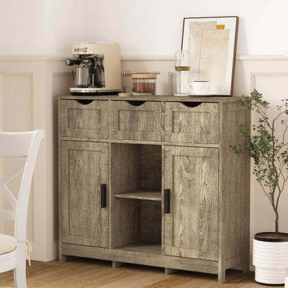 Gray versatile wooden storage cabinet with drawers and adjustable shelves in modern living room setting