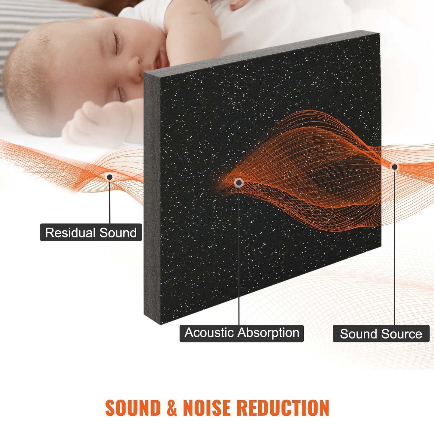 Black interlocking gym floor mat with acoustic absorption and noise reduction features near sleeping baby
