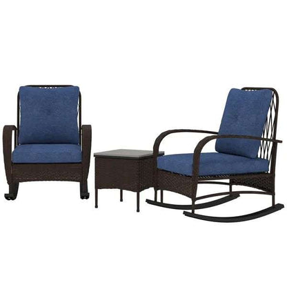 Rattan Chaise Lounge Chair and side table set with blue cushions, ideal for outdoor patios and garden decor.
