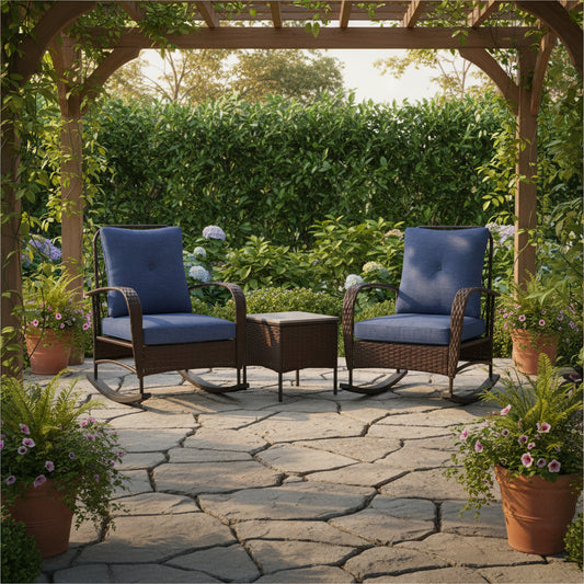 Gray Rattan chaise lounge chair with cushioned seat and matching side table outdoors