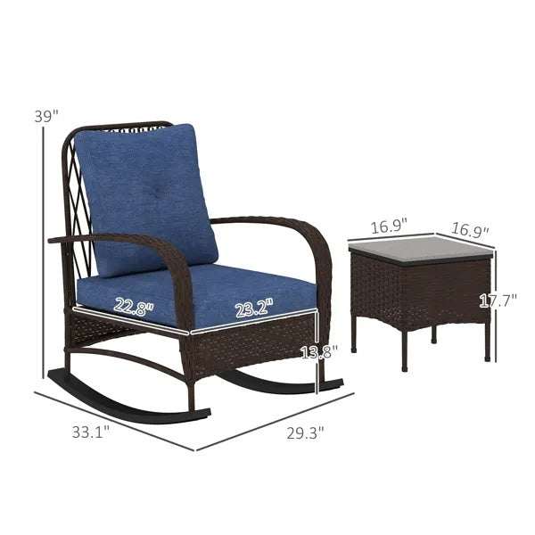 Rattan Chaise Lounge Chair with blue cushions and wicker side table, dimensions labeled, perfect for patio and poolside setups.