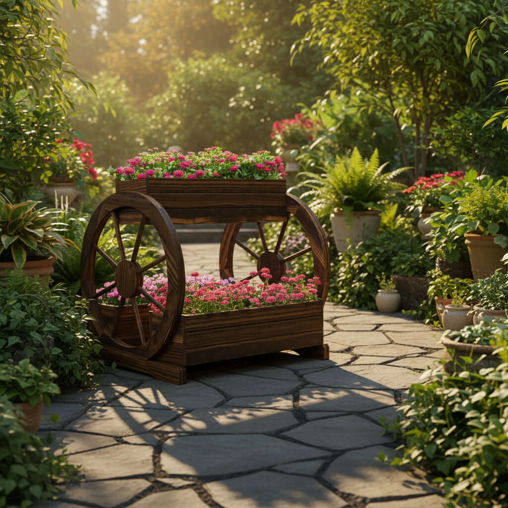 wooden wagon planter box 3-tier raised garden bed carbonized fir wood