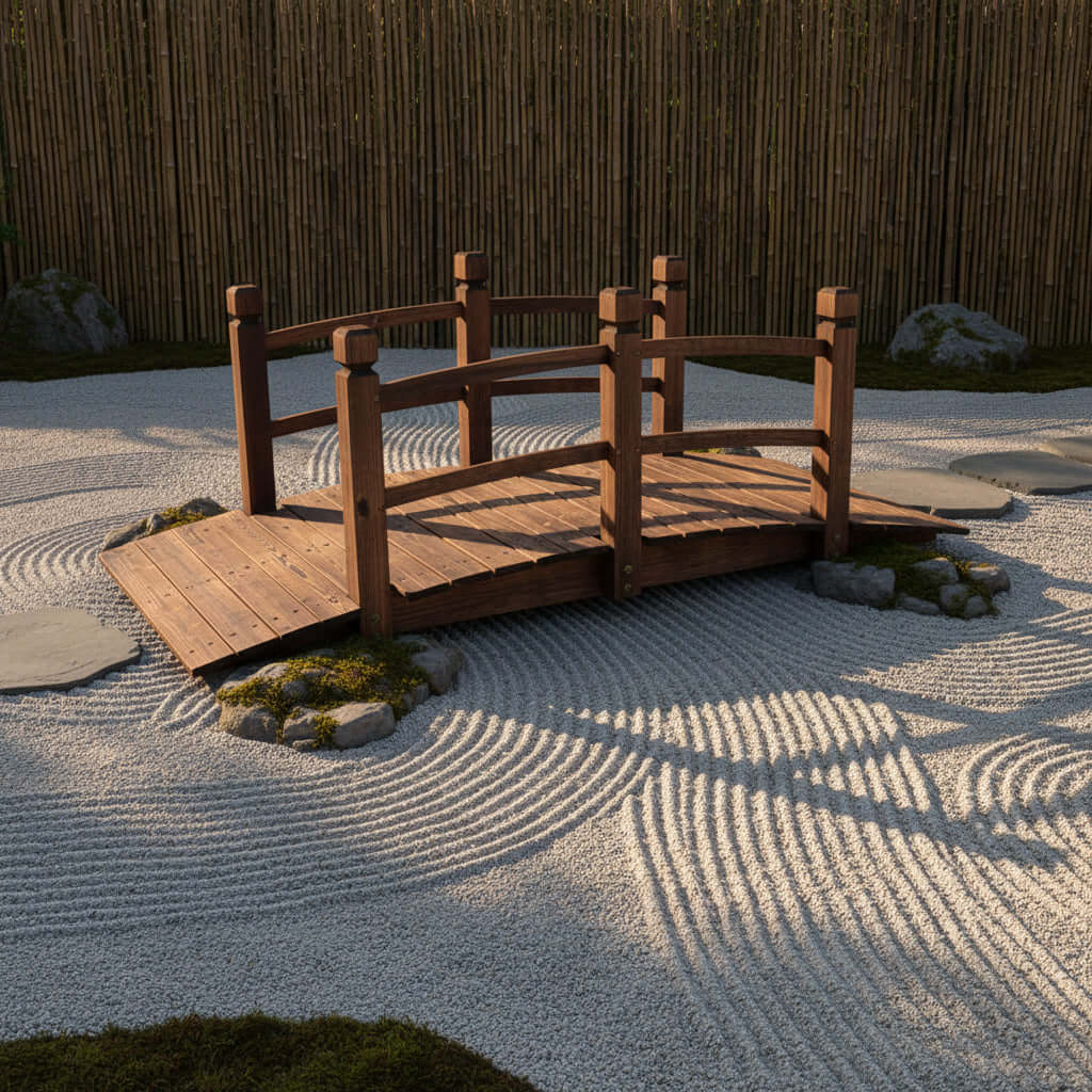 wooden garden bridge outdoor lifestyle photo backyard pond landscape