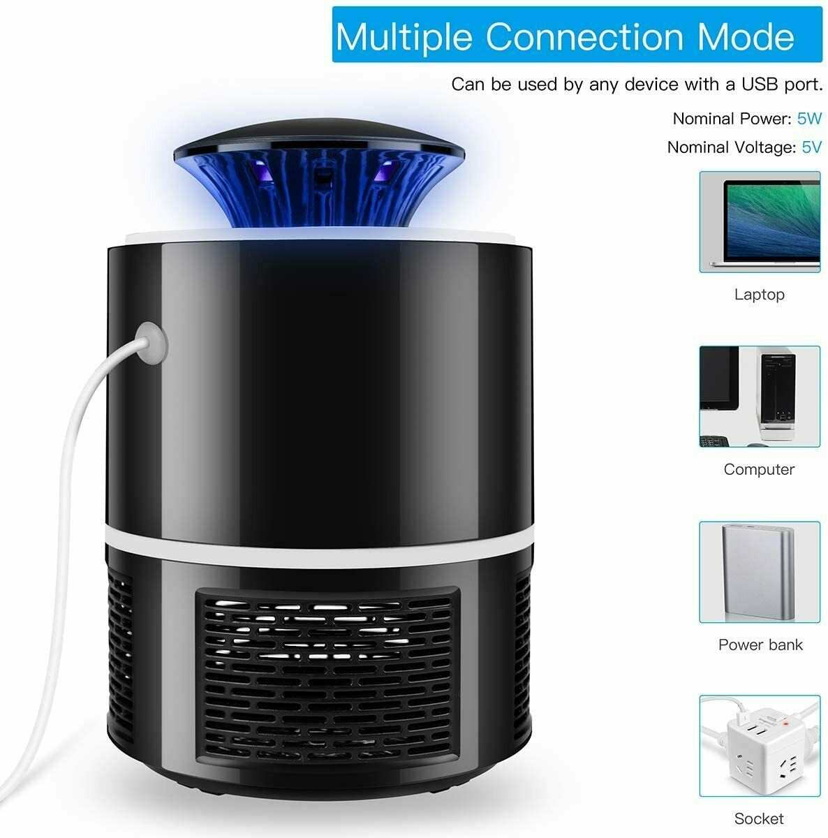 Black USB-powered mosquito zapper lamp with blue UV light and multiple device connection modes