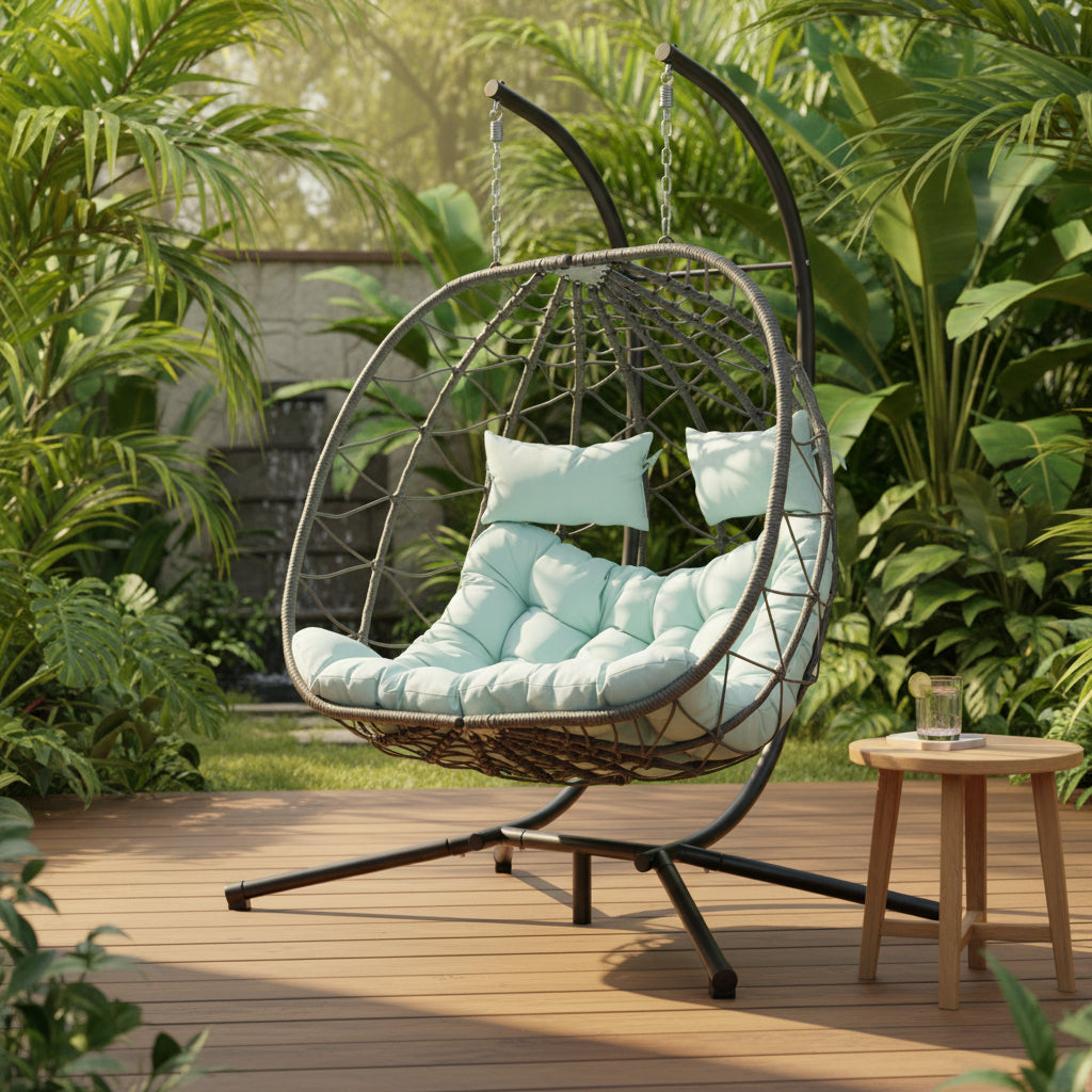 Double Hanging Egg Chair with plush cushions and sturdy rattan frame for cozy two-person seating, perfect for indoor or outdoor relaxation.