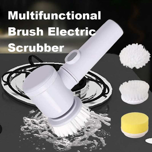Electric multifunctional kitchen scrubber brush with replaceable nylon bristle heads and sponge for effortless cleaning