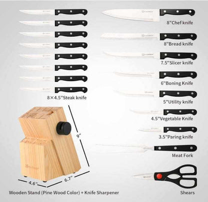 Ultimate German Steel Knife Set with 19 pieces including chef, bread, slicer, boning, utility, vegetable, paring knives, steak knives, meat fork, shears, and wooden block with sharpener