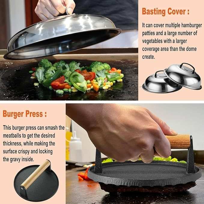 Ultimate Outdoor Grilling Set with stainless steel BBQ tools including basting cover and burger press for backyard cookouts
